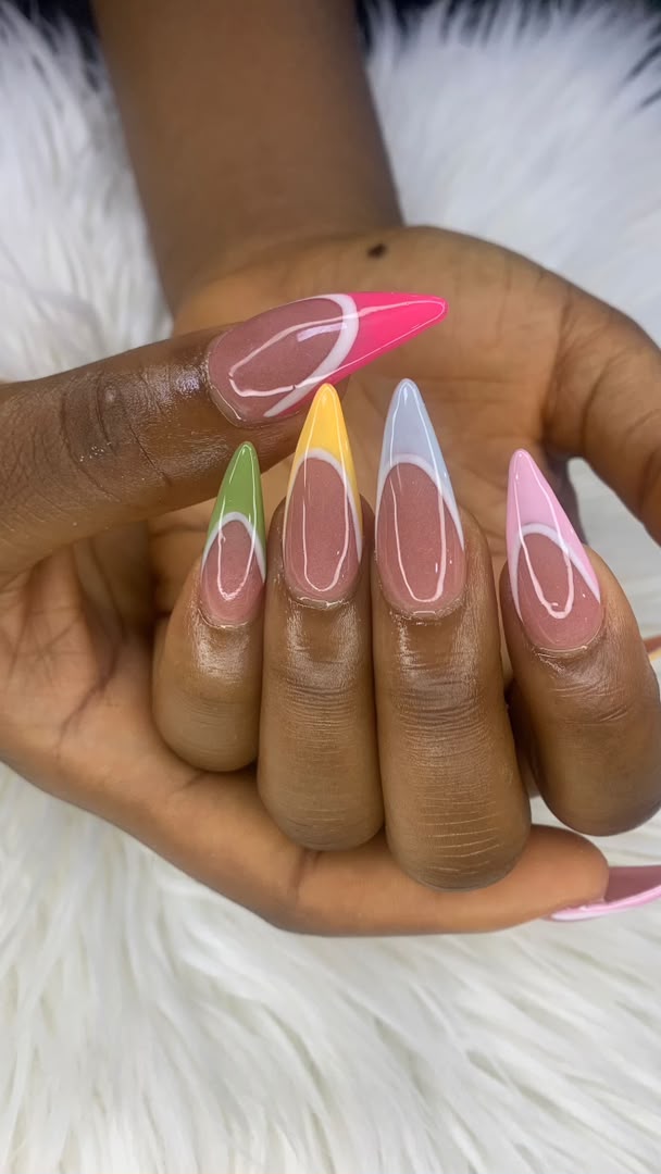 Colourful pastel French tip nail art